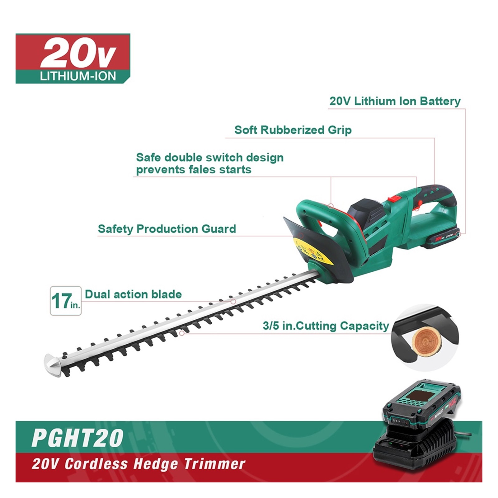 20V Hedge Trimmer Electric Pruning Shear Garden Tool Set 2.0Ah Battery Cutting Length 430MM Cordless Trimmer ,2 IN 1 Trimmer & Edger