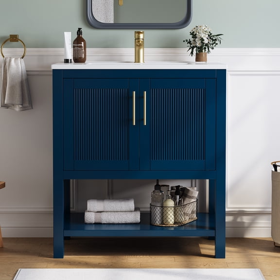 DELUXE LIVING 30" Bathroom Vanities with Sink Top, Solid Wood Frame Storage Cabinet, Soft Closing, Navy Blue