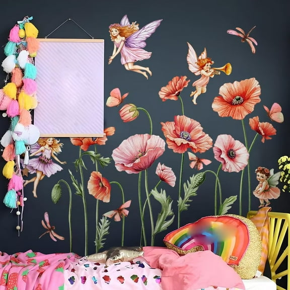 Flower Fairy Wall Decals Butterfly Girl with Wildflower Wall Stickers Girls Bedroom Baby Nursery Kids Room Wall Decor Bathroom glass decals, transparent stickers