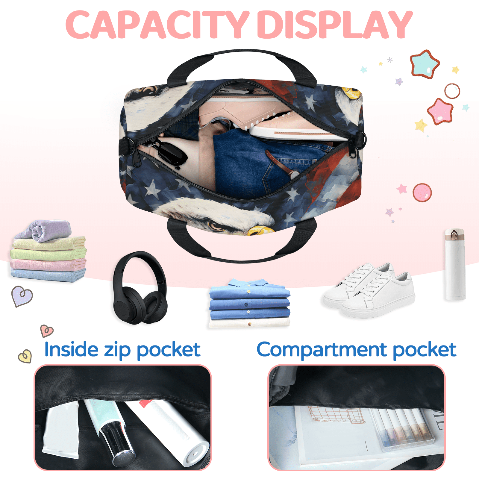 Herdesigns American Flag Eagles Travel Duffle Bag Sports Yoga Weekender Overnight Carry on Workout Bags Lightweight Waterproof Gym Tote Bag for Women