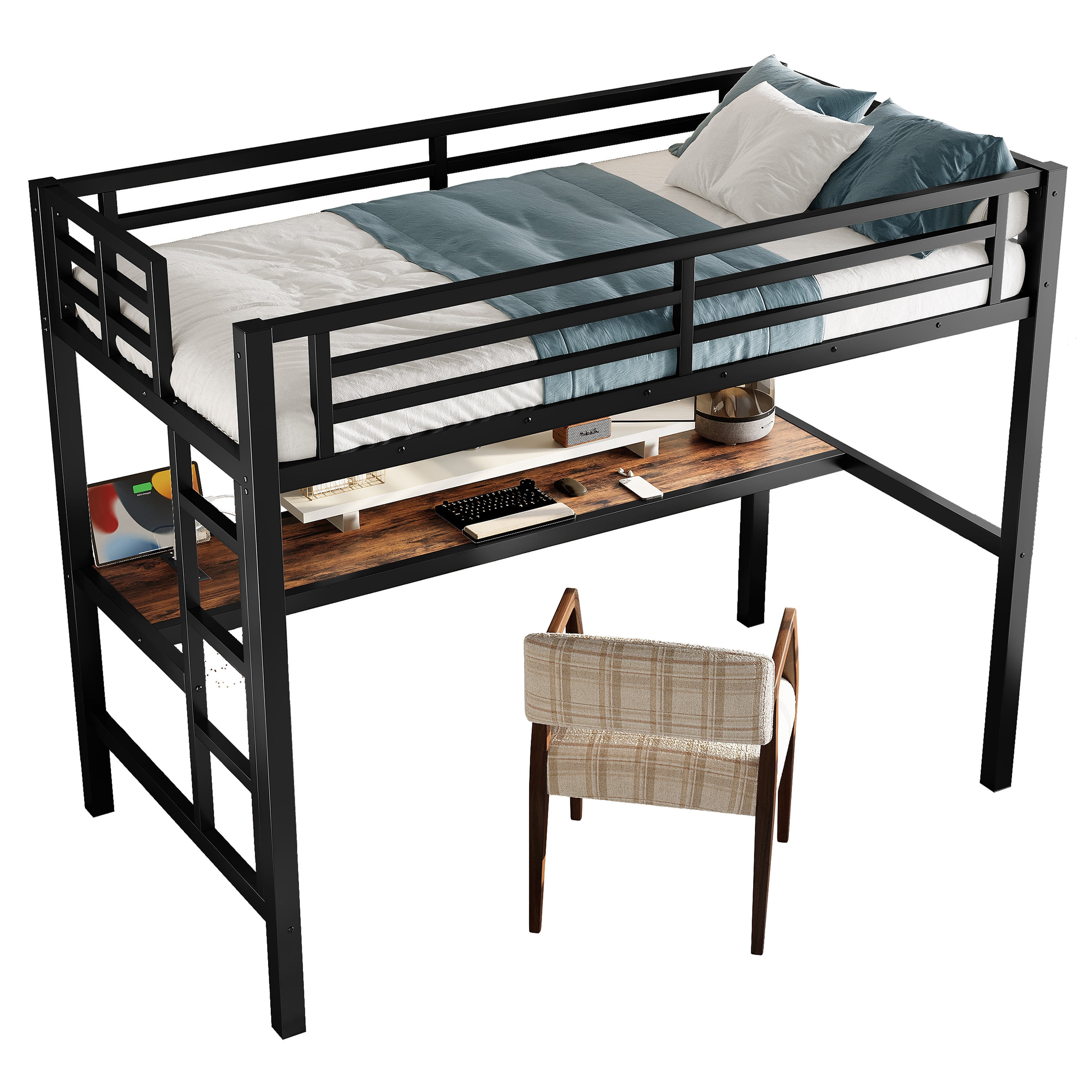 Miniyam Metal Twin Loft Bed with Desk, USB Port and LED Light, Space-Saving Study Workstation with Ladder and Guardrails for Teens, Heavy-Duty Steel Frame