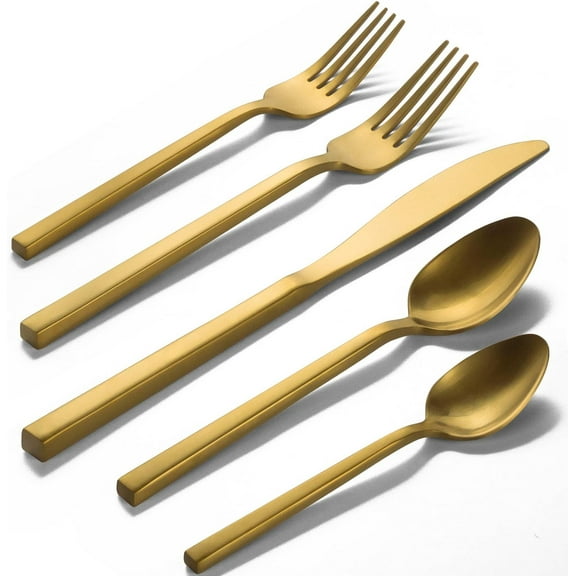 Cube Gold 20-Piece Flatware Set, Forged Cutlery Set, Matte Gold Silverware Service for 4, Stainless Steel Tableware with Square Handle for Home/Restaurant, Dishwasher Safe