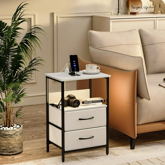 Mesa Auxiliar, Mesitas de Noche con Luces LED, Mesas Auxiliar Noche con Estación de Carga, 2 Puertos USB FurnitureR HAYA VINTAGE