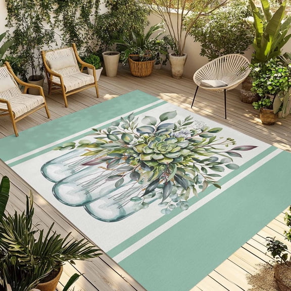 Botanical floral Outdoor Area Rug 3x5ft Decorative Indoor Outdoor Rug Retro Watercolor Eucalyptus Leaves Patio Area Rug for Porch, Deck, Balcony, Entryway, Camping & RV