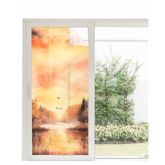 Window Privacy Film Orange Forest Stained Glass Window Film Decorative Sun Block Window Cover Idyllic Watercolor Sunset Nature Scenery Window Clings Static Adhesive Sticker for Bathroom 35.4"x78.7"