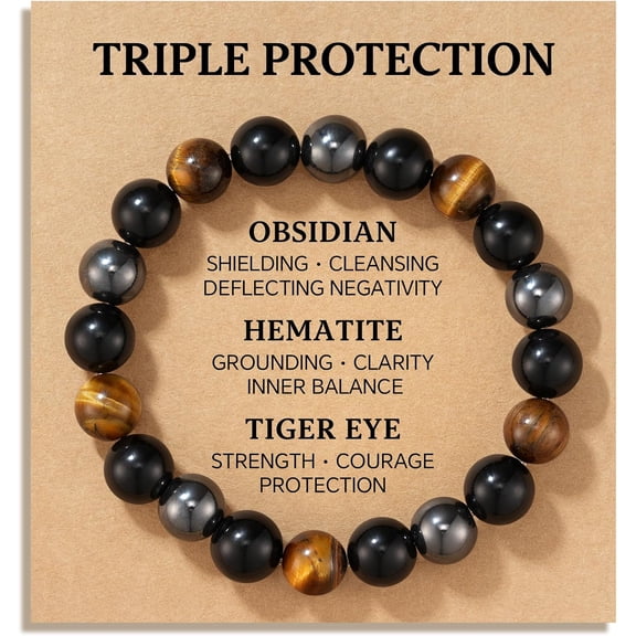 Triple Protection Bracelet for Men & Teens - Bring Protection Luck And Prosperity - 100% Natural Obsidian, Hematite & Tiger Eye Beaded Bracelet - with Quote Card