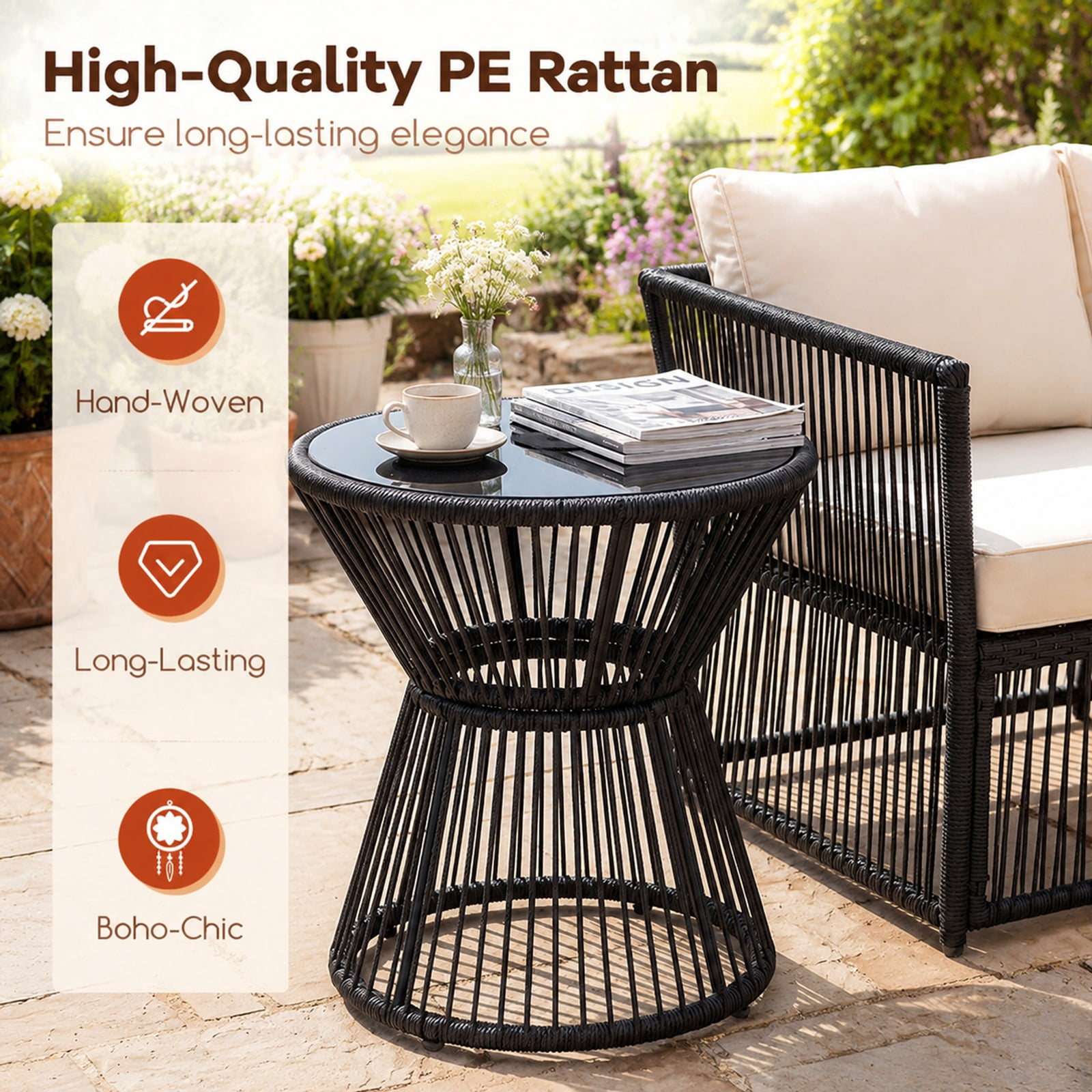 Biotree Outdoor Side Table with LED Warm Light, PE Rattan End Table with Tempered Glass Top and Battery Lamp for Patio Porch Balcony, Black