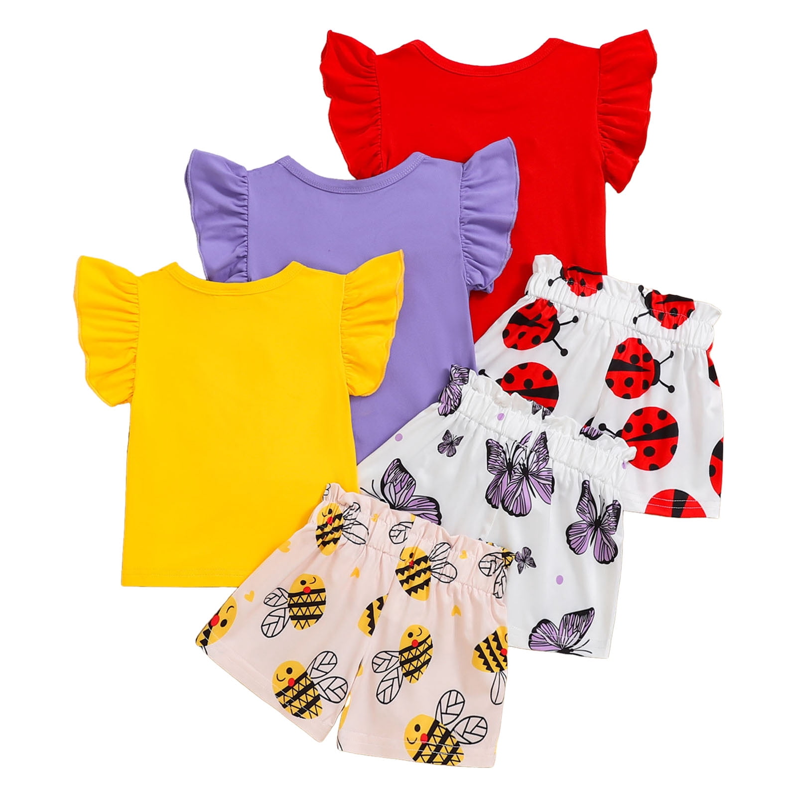 Xudanell Baby Girl Clothes Toddler Girls Summer Outfits Kids Short Fly Sleeve Cute Ruffle Shirts Tops Floral Shorts Set (Yellow, 6-9 Months)