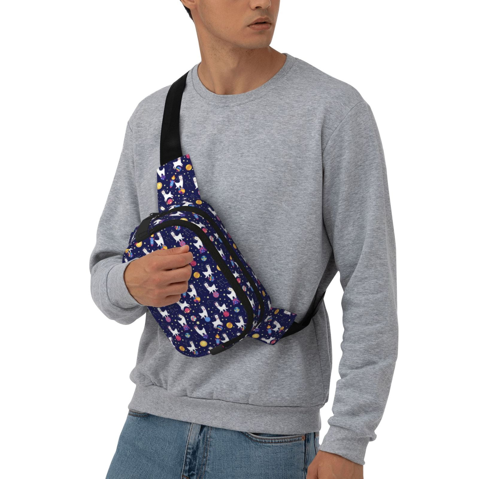 Picia Lama in Space Print Square Double-Layer Waist Bag Mini Adjustable Waist Belt Bag Exercise Running Travel Hiking