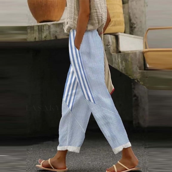 XUNKUSGA Linen Pants Women Casual Straight Leg Capri Pants Fashion Stripe Beach Pants for Women Lightweight Baggy Summer Vacation Womens Trousers with Pockets S-2XL Blue