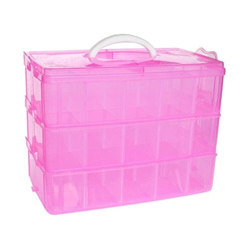 Kamay's Large 3 Tier Stackable Adjustable Compartment Slot Bead Craft Jewellery Tool Storage Organiser with 30 Compartments,Snap-lock Tray Container Box,Pink