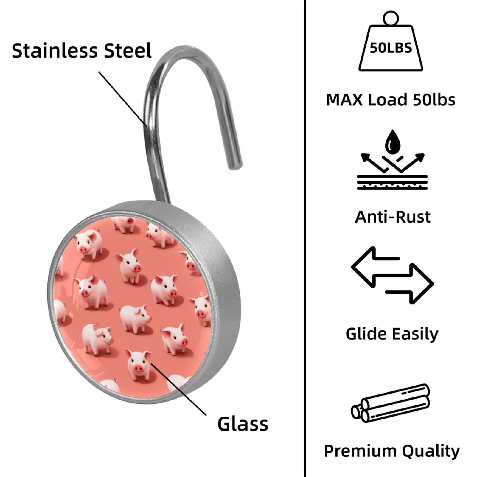 12pcs Decorative Shower Curtain Hooks, Rust Resistant Shower Rings for Bathroom Living Room,Rustproof Stainless Steel Rings for Shower Curtain and Liner Rods,Pig Pink Background