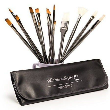 Art Brush Set. Best Professional Artist Supplies. Acrylic Paint Brushes, Watercolor, Gouache, Oil Painting. 15pc Travel Kit by D'Artisan