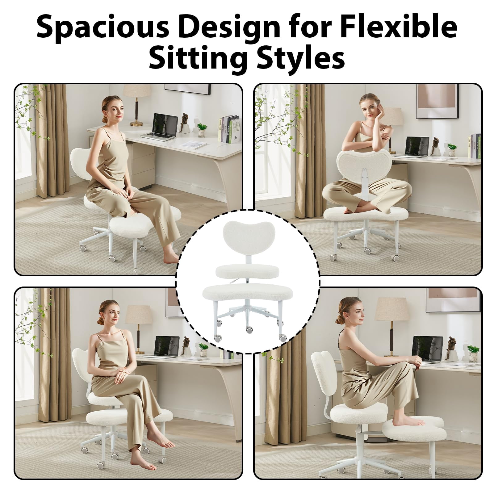 Pawverly Cross-Legged Meditation Chair with Wheels, Adjustable Height Yoga Office Chair with Lumbar Support, Ergonomic Criss Cross Desk Chair for Adults, Ivory Teddy
