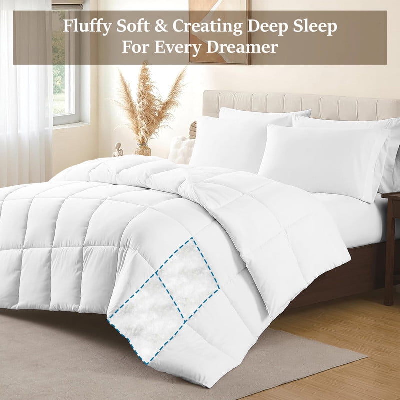 100% Cotton All-Season Comforter - Box Stitched Comforter - Bedding with Corner Tabs Machine Washable Lightweight Color White Solid Pattern Size King (104"x90")