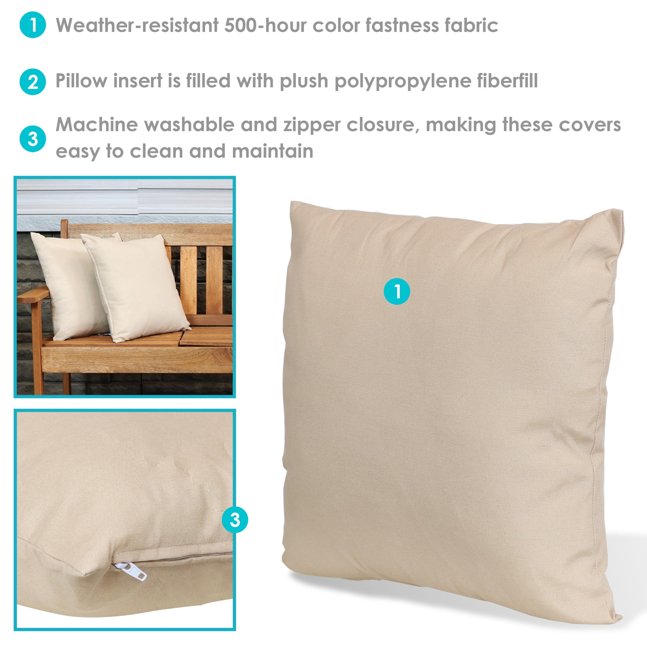 Sunnydaze 17" x 17" Beige Polyester Square Decorative Outdoor Throw Pillows, 2 Count