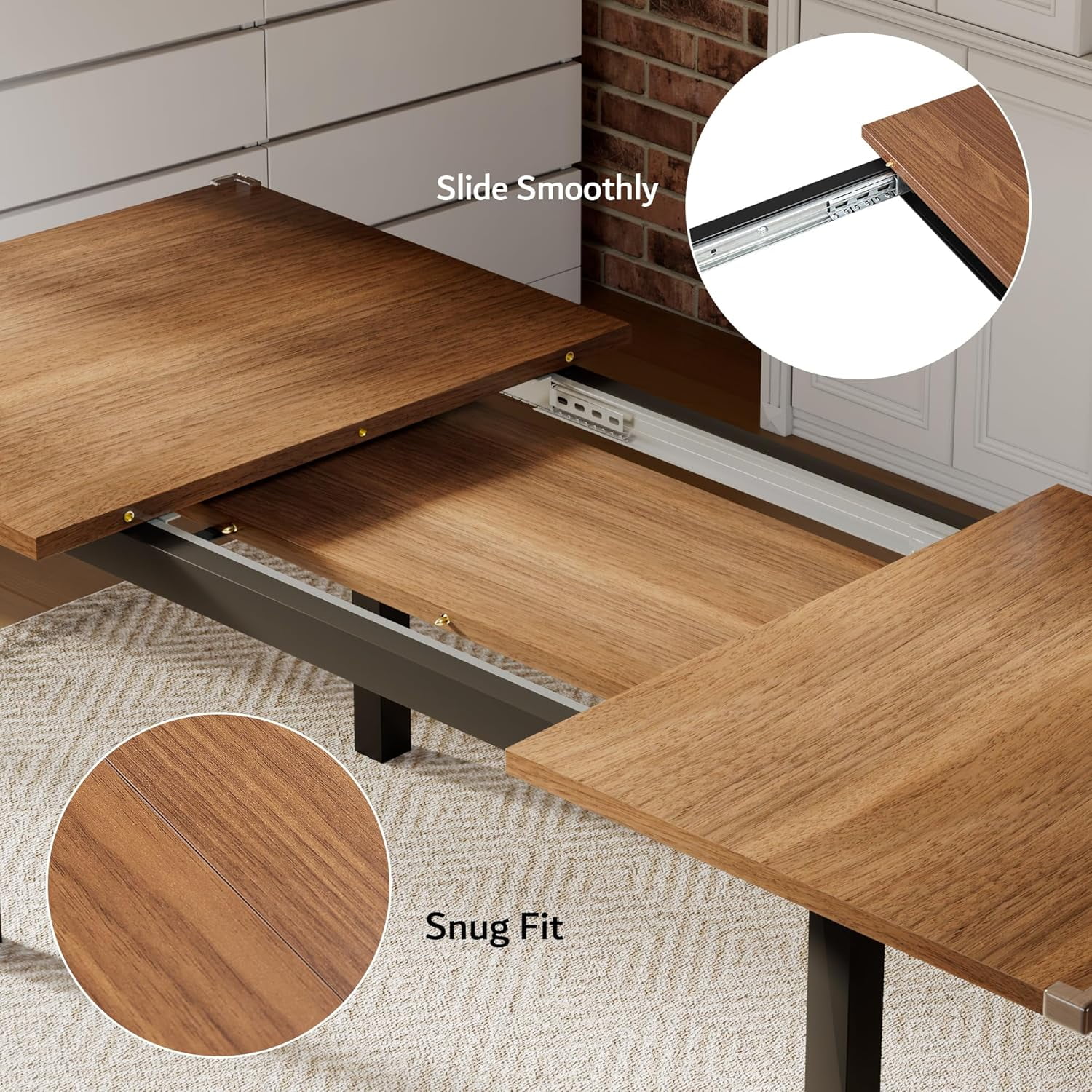 iPormis 63" Extendable Dining Table for 4-8, Square Wooden Dining Room Table with Metal Base, Modern Extendable Table for  Small Kitchens, Dining Office Areas, Walnut