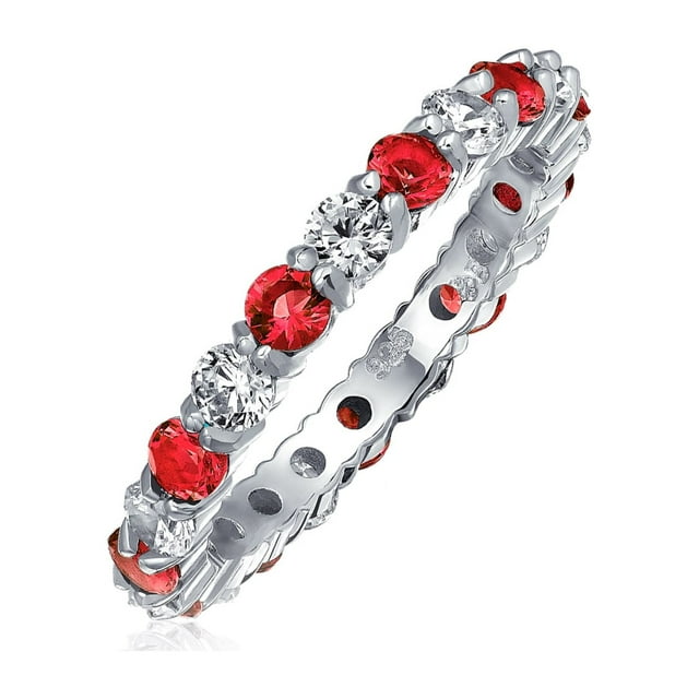 Cubic Zirconia Red White Alternating Stackable CZ Eternity Ring for Women for Teen Simulated Ruby .925 Sterling Silver