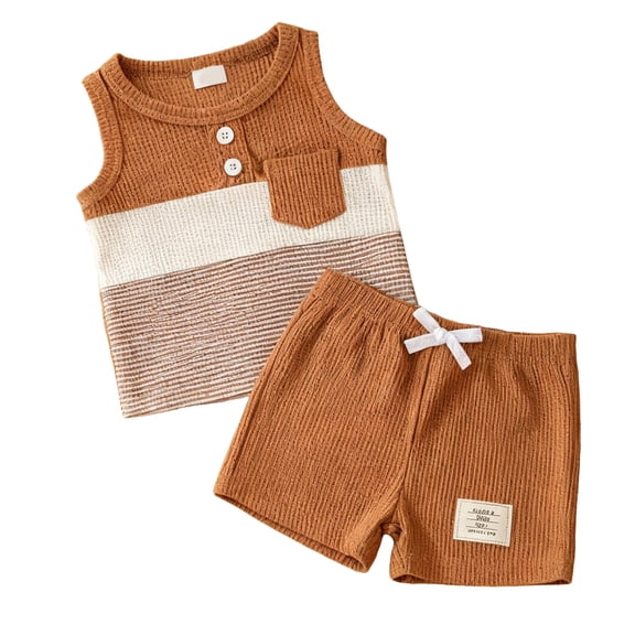 kpoplk Toddler Baby Boy Clothes Boys Summer Outfits Sleeveless Striped Dinosaur T-Shirt & Shorts Set 2Pcs(Brown,12-18 M)