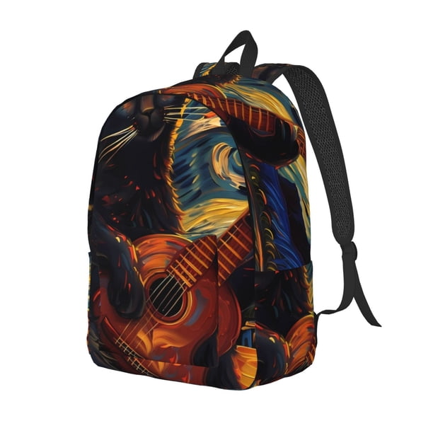 Easygdp Starry Night Cat Guitarist Mochila de Lona Resistente para Laptop, Compatible con Laptops de 15 a 17 pulgadas, Ideal para Escuela, Trabajo y Viajes-Medium