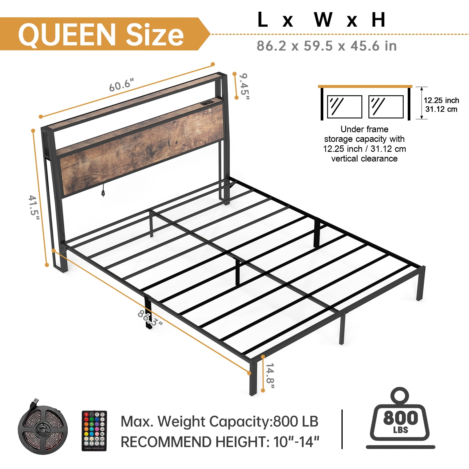 Leumius Queen Size Bed Frame with Headboard, Platform Bed with RGB LED Light & Charging Station & Under Bed Storage Space, Easy Assembly, Brown