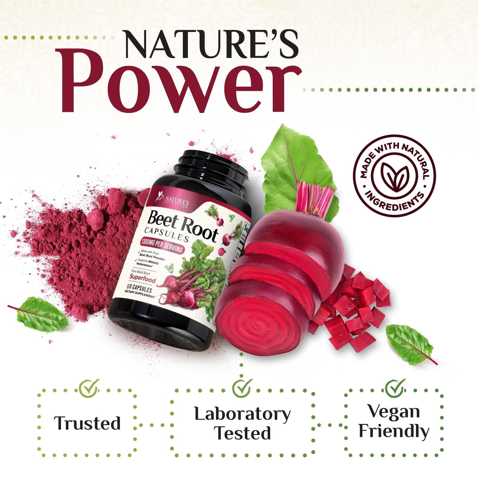 Organic Beet Root Capsules - 1300mg Extra Strength Beetroot Powder Supplement - Supports Nitric Oxide Production, Heart Health & Natural Energy - for Men & Women - Bottled in USA - 60 Veggie Capsules