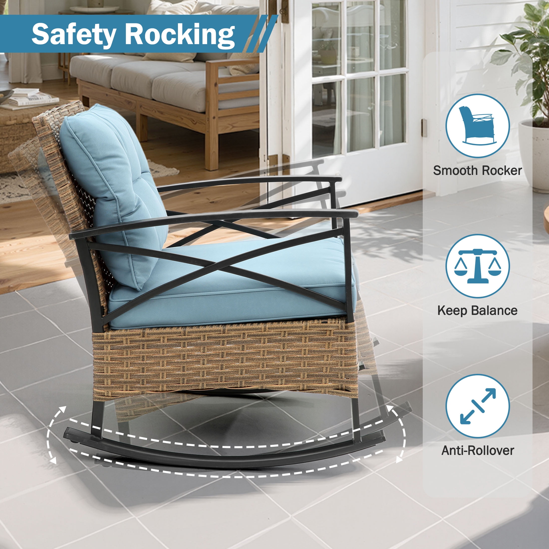 Segmart 3PCS Patio Rocking Bistro Chairs Set, Front Porch Furniture Sets with Cushions,Outdoor Rattan Wicker Sofa Chairs and Table,250Ibs, Blue