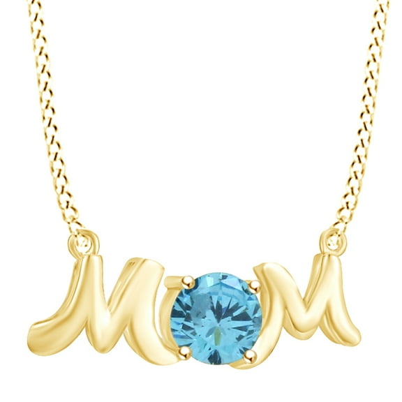 AFFY Mother's Day Jewelry Gifts Round Shape Simulated Aquamarine Mom Pendant Necklace In 14k Yellow Gold Over Sterling Silver