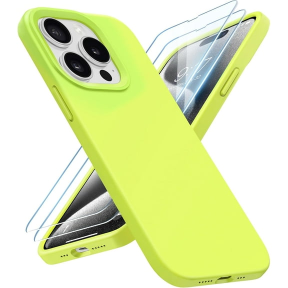 Designed for iPhone 15 Pro Case, Silicone [15FT Military Grade Protection] Phone Case with [2 Screen Protectors], [Anti-Scratch] Slim Cover Shockproof Phone Cases 6.1 inch, Fluorescent Yellow