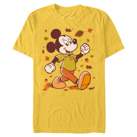 Disney Mickey Mouse Strolling Through Autumn Leaves Fall - Short Sleeve Blended T-Shirt for Adults - Customized-Yellow
