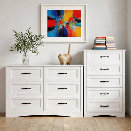 Asofer Bedroom Furniture Set - Includes 5 Drawer Dresser & 6 Drawer Dresser, White