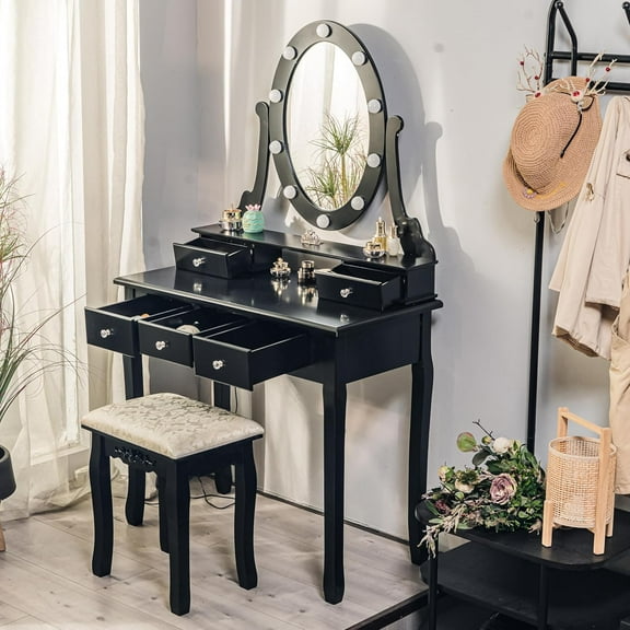 TROPOW Vanity Desk,Makeup Vanity,with Mirror and Lights,Vanity Desk with Mirror and Lights, Wood Makeup Dressing Table Stool with & Oval Mirror 3 Colors Lighting Modes Modern,Black