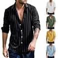 thumbnail image 3 of Mens Casual Loose Striped Shirt Long Sleeve Button Down Band Collar Shirt, 3 of 9