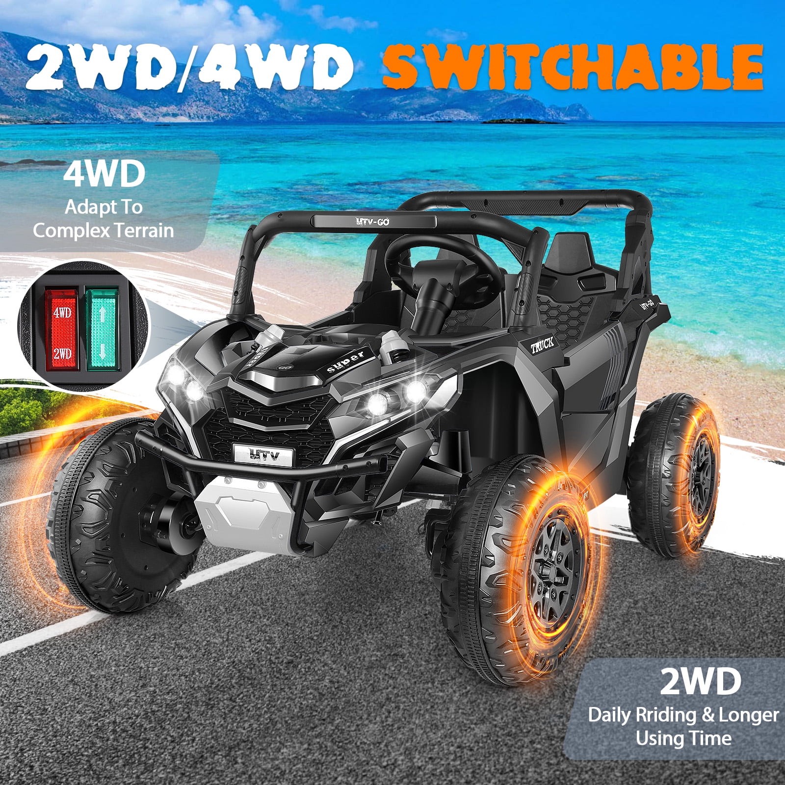 Funcid 24V Ride on Car for Kids, 2WD/4WD Switchable Ride on Car with Remote Control, 2 Seater Ride on Toys, UTV, Bluetooth, Music, LED Lights, Storage Space