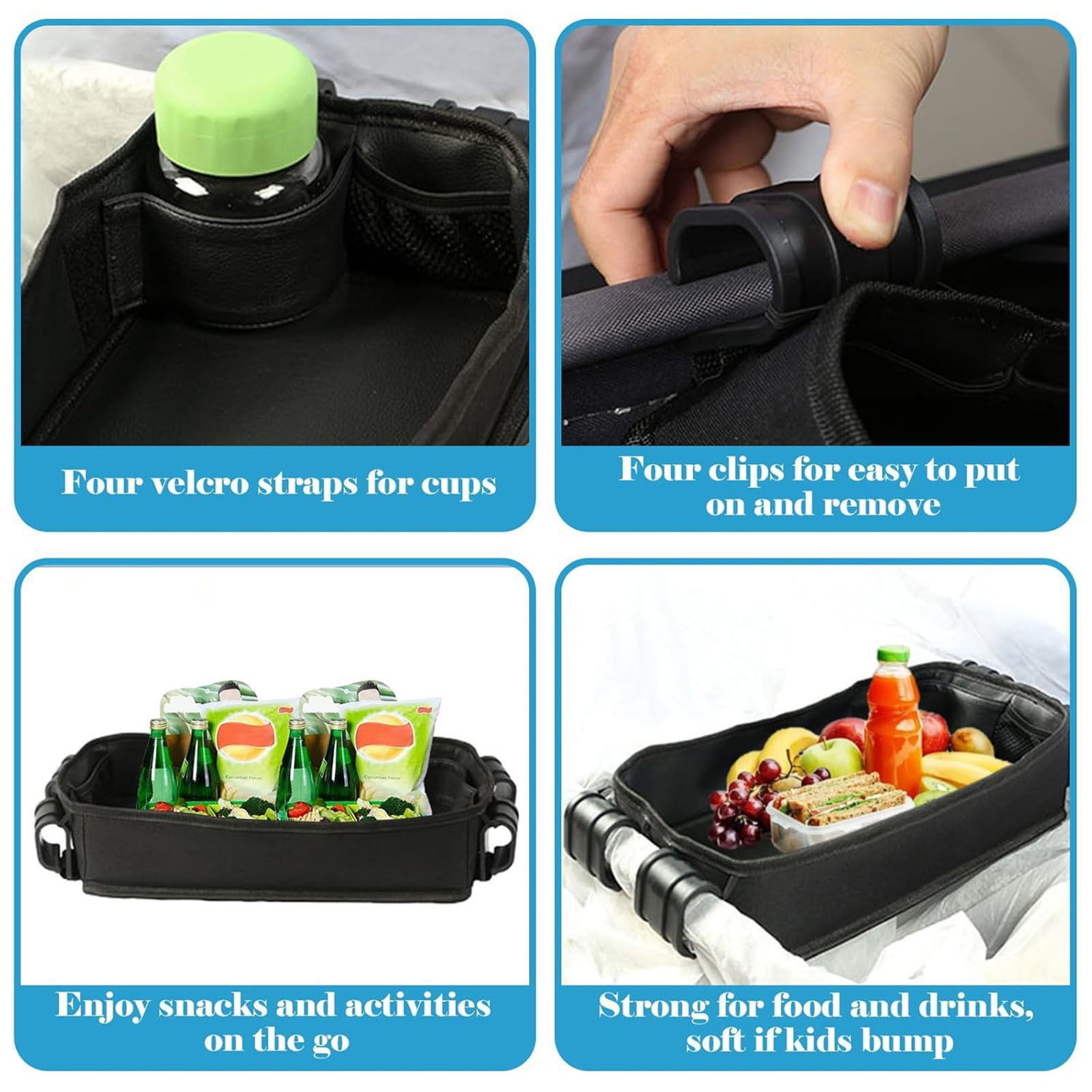 Upgraded Stroller Snack Tray with Extra Thick Base Leather Sides and Side Mesh Pockets for Enhanced Durability and Convenience