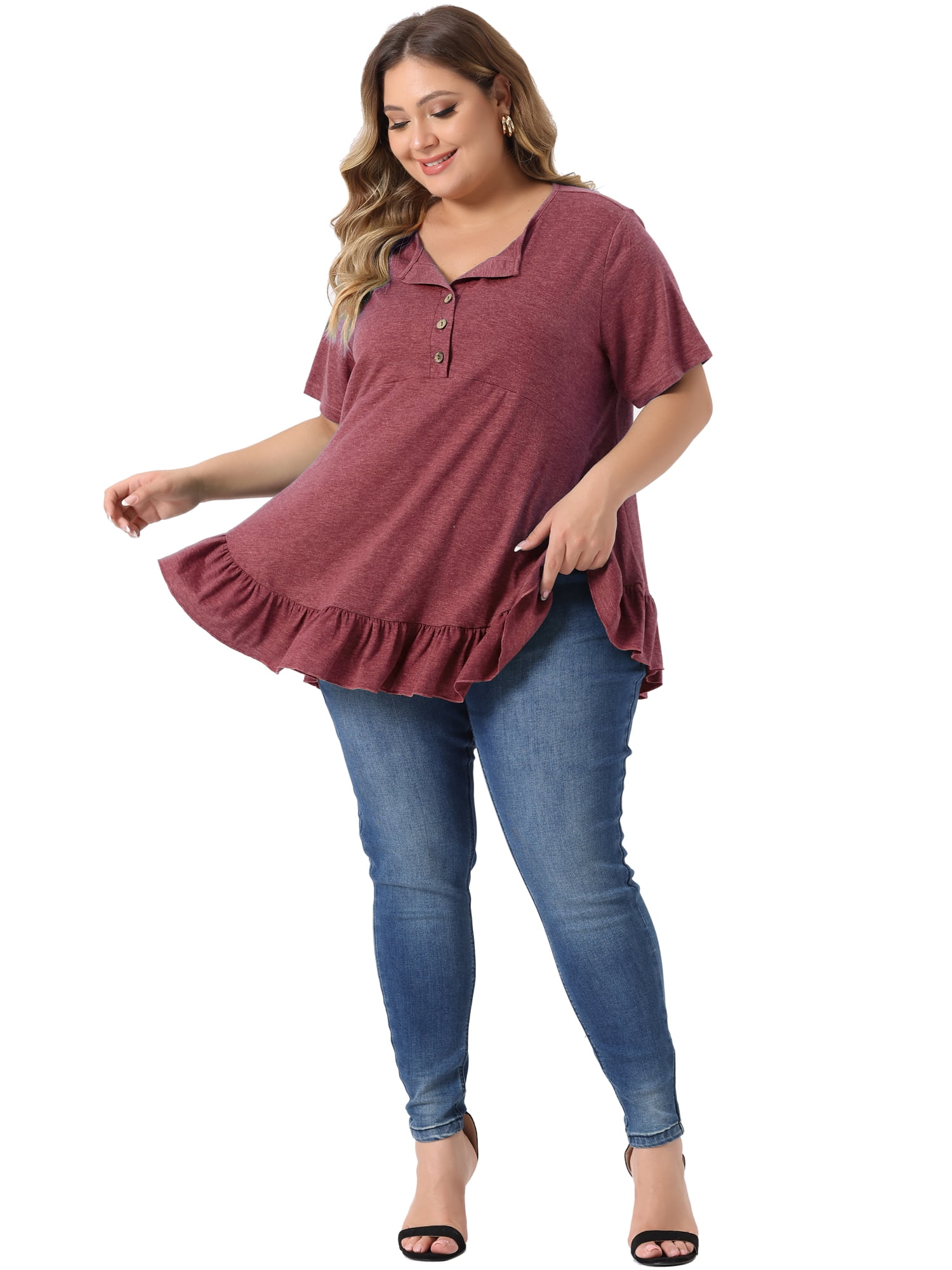 DARING DIVA Women's Plus T Shirts Henley V Neck Button Up  Ruffled Blouses Tops L Burgundy