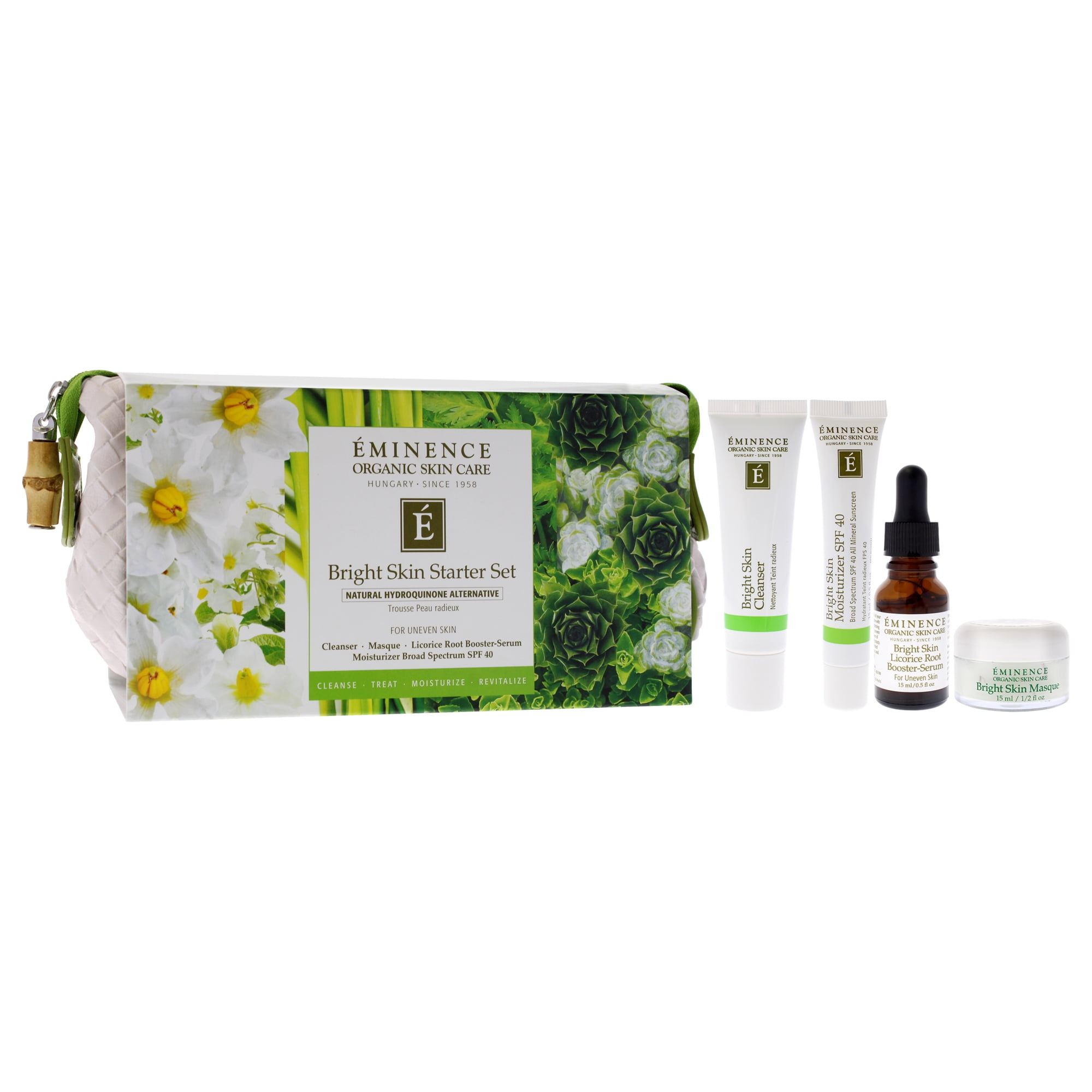 Eminence Bright Skin Starter Set , 5 Pc 1oz Bright Skin Cleanser, 0.5oz Bright Skin Masque, 0.5oz Bright Skin Licorice Root Booster-Serum, 0.5oz Bright Skin Moisturizer SPF 40, Cosmetic Bag