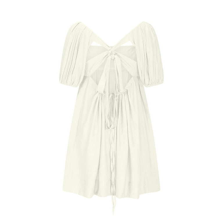Miluxas Women Puff Sleeve Mini Dress , Square Neck Short Dress Tie Back Flowy  Mini Dress Summer Vacation Dress White M - Walmart.com