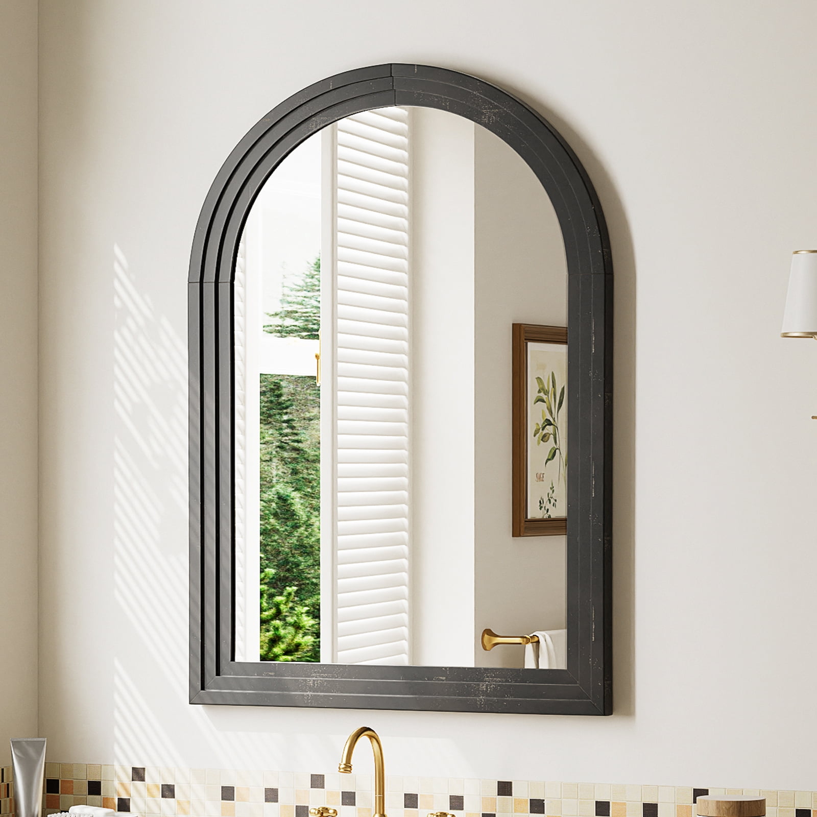 BEAUTYPEAK 24"x36"Arched Bathroom Mirror Wooden Framed Wall Mirror，Black