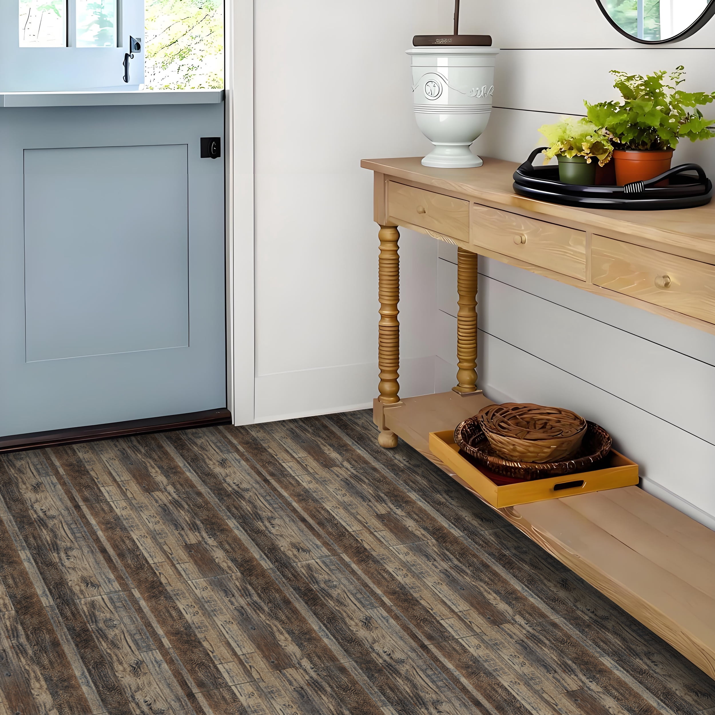 Abyssaly Vinyl Peel and Stick Flooring Tile 5.9 inch x 35 inch, Covering Area 14.53 Sq.Ft, Self-Adhesive Plank Flooring Tile Wood Grain Look for Kitchen Dinning Room Bedroom Home Decoration（10 pcs）