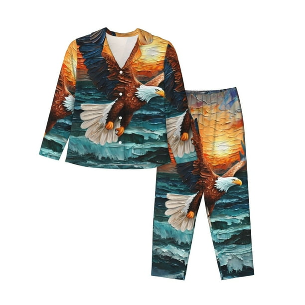 Fotbe Textured Bald Eagle Conjunto de Pijama de Manga Larga para Mujer con Estampado, Ropa de Dormir de 2 Piezas, Conjunto de Casa Suave y Cómodo con Bolsillos-X-Large