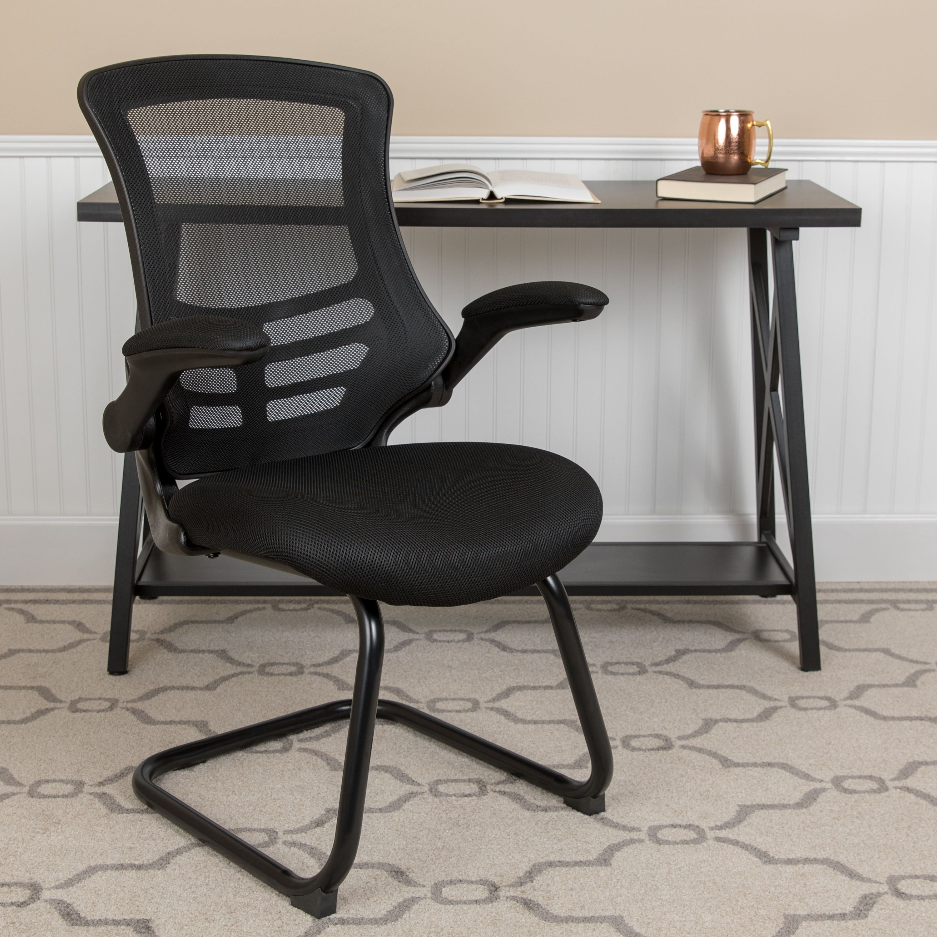 Flash Furniture Black Mesh Sled Base Side Reception Chair with FlipUp Arms