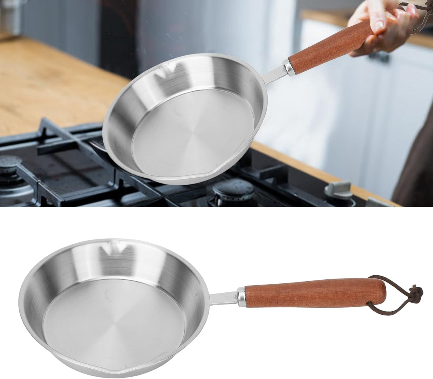 RAPOBRIX Mini Stainless Steel Fry Nonstick Pan – Non Stick One Egg Frying Pan with Solid Wood Handle, 6.3 Inch Cooking Use in the Oven, on the Stov...