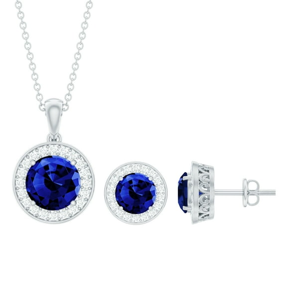 Rosec Jewels Certified Lab Grown Blue Sapphire Pendant and Earrings Set with Halo - AAAA Quality - Ready to Gift with Jewelry Box, 925 Sterling Silver