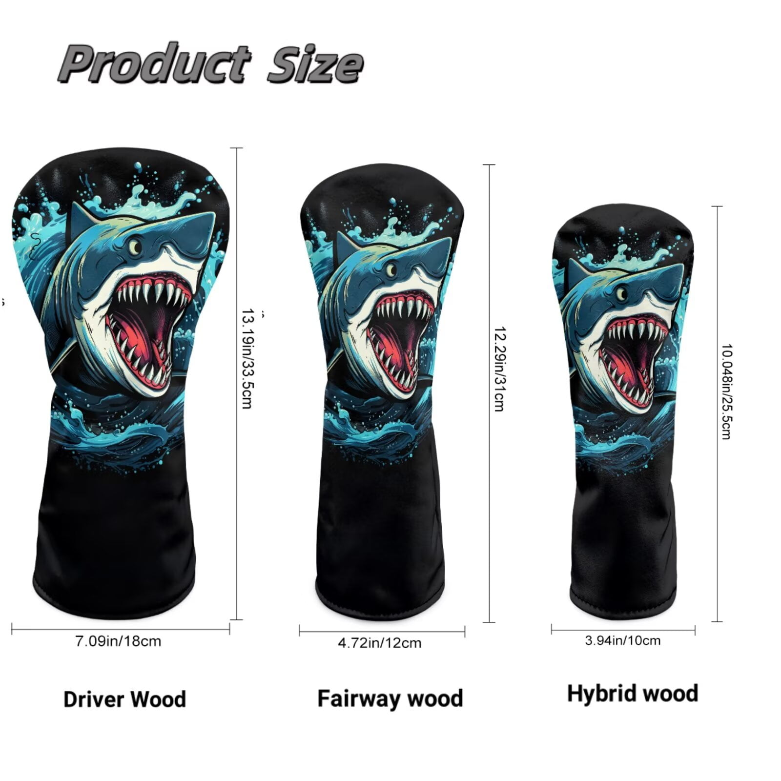 Uorisanigo Shark Print Golf Club Head Cover 3pc Golf Headcovers for Woods and Driver Fairway Hybrids, Golfs Accessories Head Covers Set with Premium PU Leather, Abrasion-Resistant