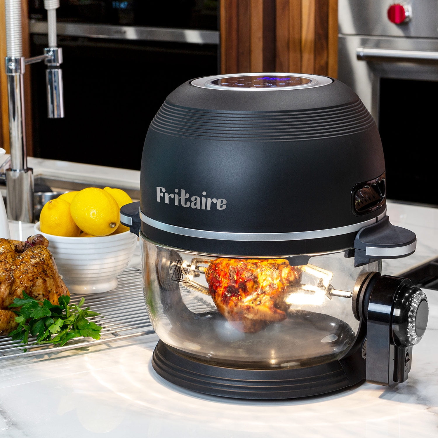 Fritaire, Self-Cleaning Glass Bowl Air Fryer, 5 qt., 6 Functions, BPA Free,  Rotisserie/Tumbler, White