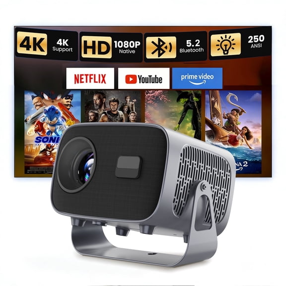 BDQ Projector with WiFi and Bluetooth, Telecontrol focus& Auto Keystone, 1080P HD 4K Support, Smart Projector with Built-in Streaming Apps, Portable Projector for Outdoor & Home Movie