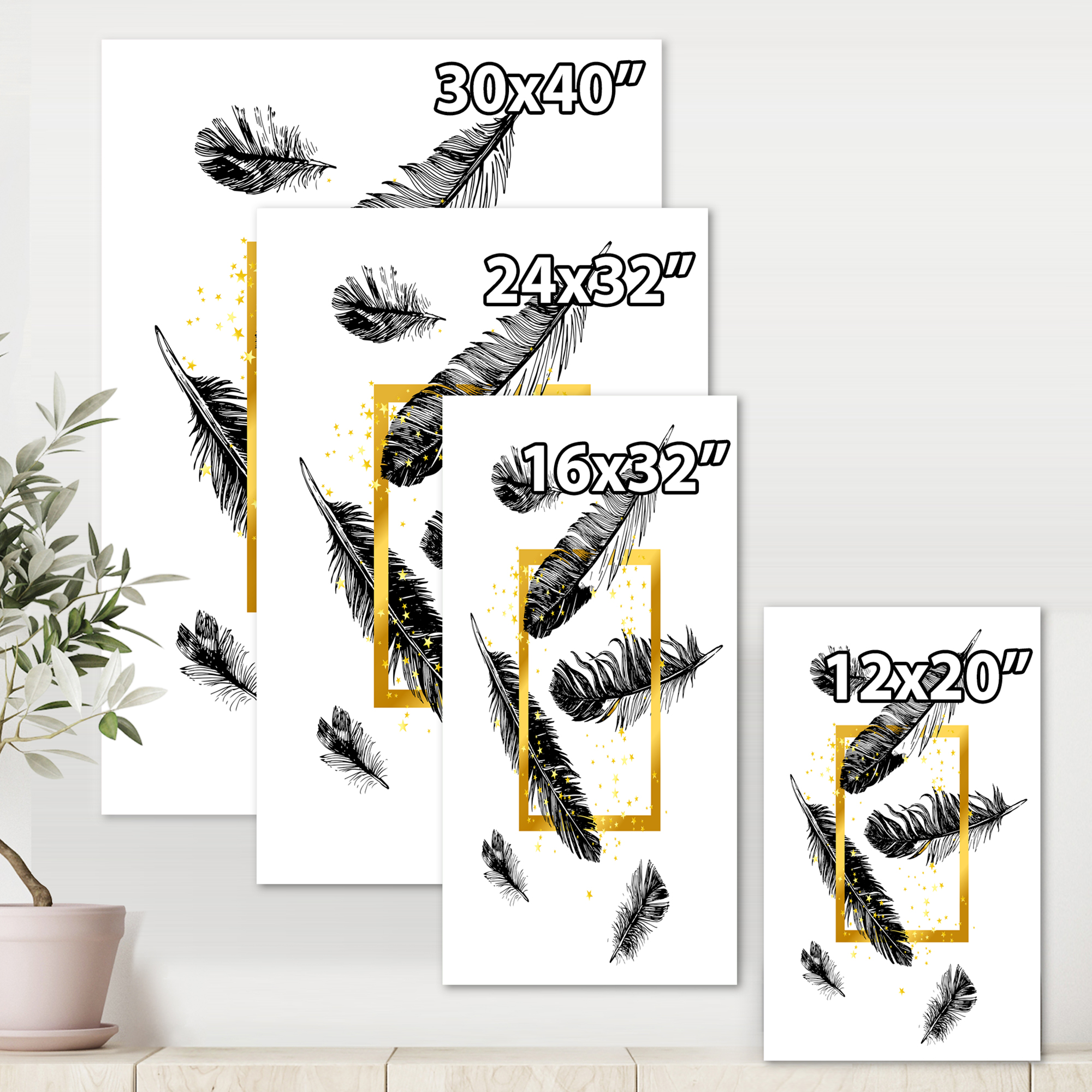 Designart ' Feathers and Golden Frame ' Bohemian & Eclectic Canvas Wall Art Print