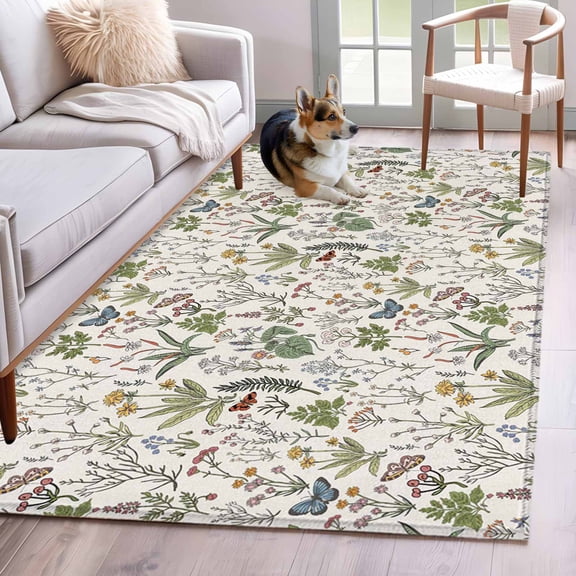 Herb Flower Texture Area Rugs 3x5 ft Retro Watercolor Country Farmhouse Washable Rug Non Slip Indoor Carpet Absorbent Floor Mat for Living Room Bedroom Dining Room