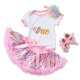 thumbnail image 1 of Gibobby Mamelucos para bebe niña Traje de un año con estampado de arcoíris para niña, traje de falda superior de manga corta de verano, conjunto de 2 piezas(Rosa, 18-24 Meses), 1 of 5